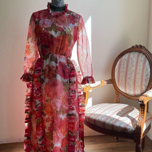 Vintage 1960s Small Floral Full Length Sheer Gown with Ruffle Detail - 60s Pink - Picture 5 of 11